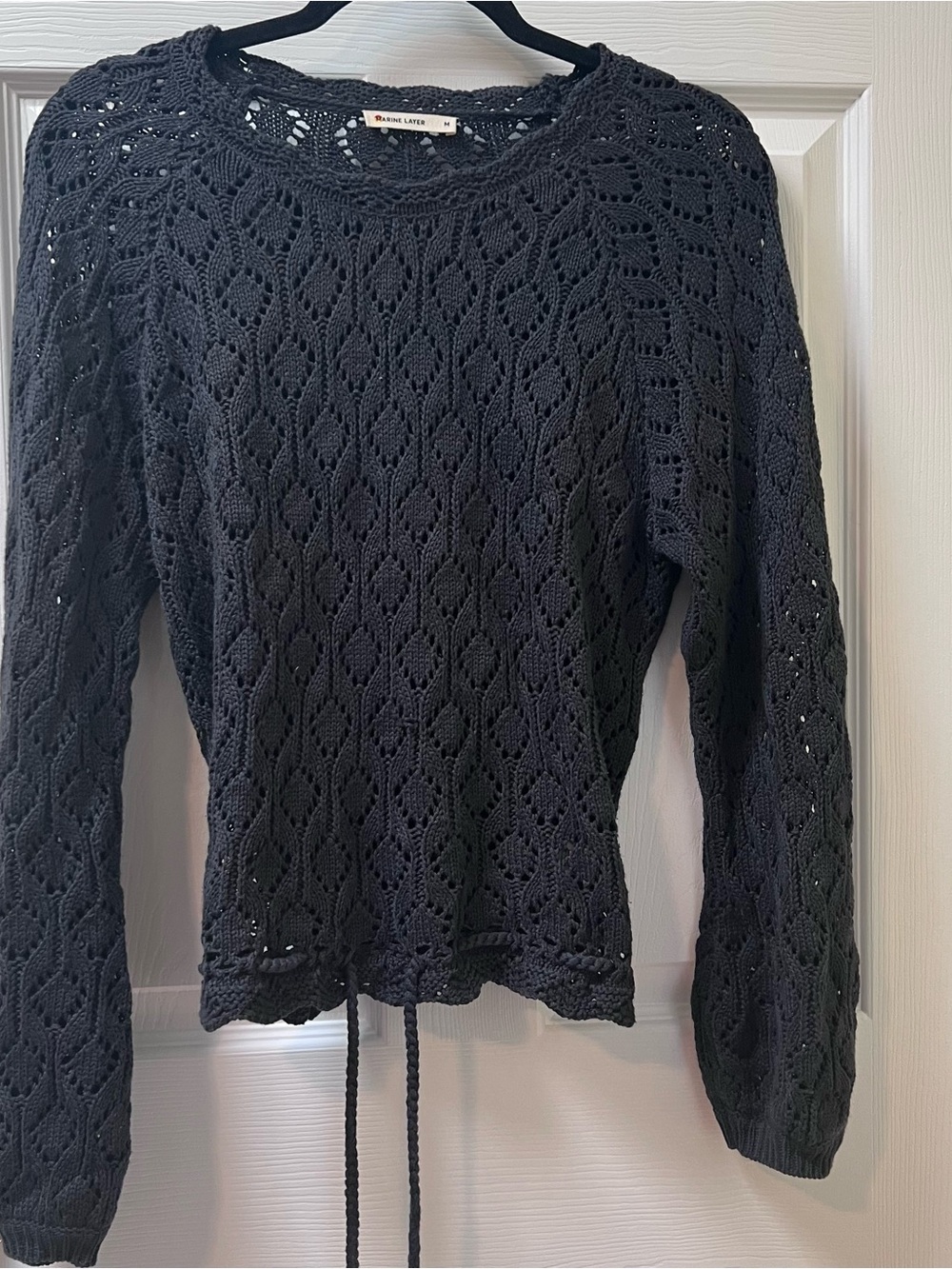 Marine Layer Pointelle Open Knit Charcoal Waist Tie Sweater Coastal Boho Medium